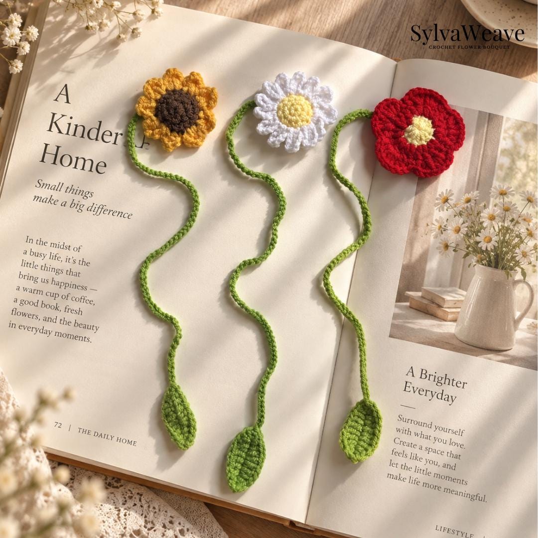 Crochet Flower Bookmark & Bag Charm, Handmade Amigurumi Sunflower Marker, Daisy Purse Accessory, Sweet Gift for Readers