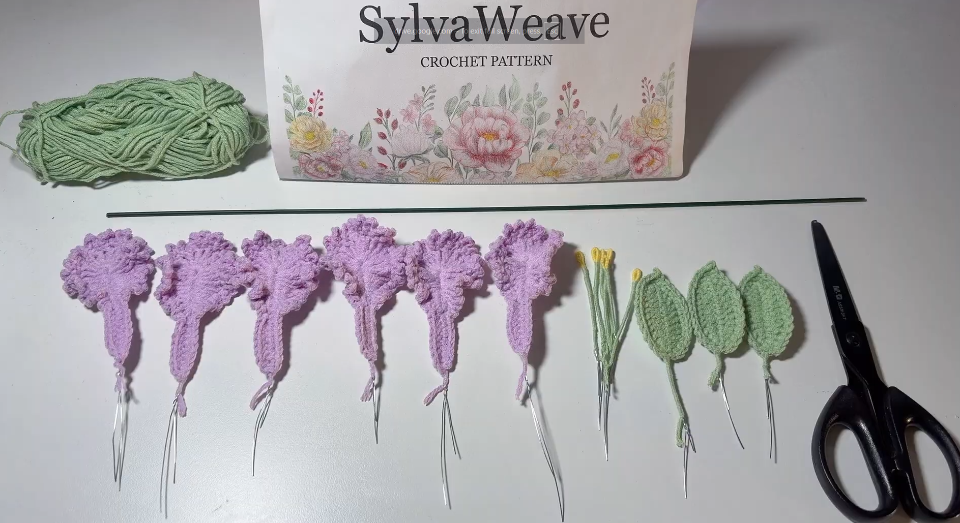 Crochet Crape Myrtle petals leaves stamens and materials ready for assembly